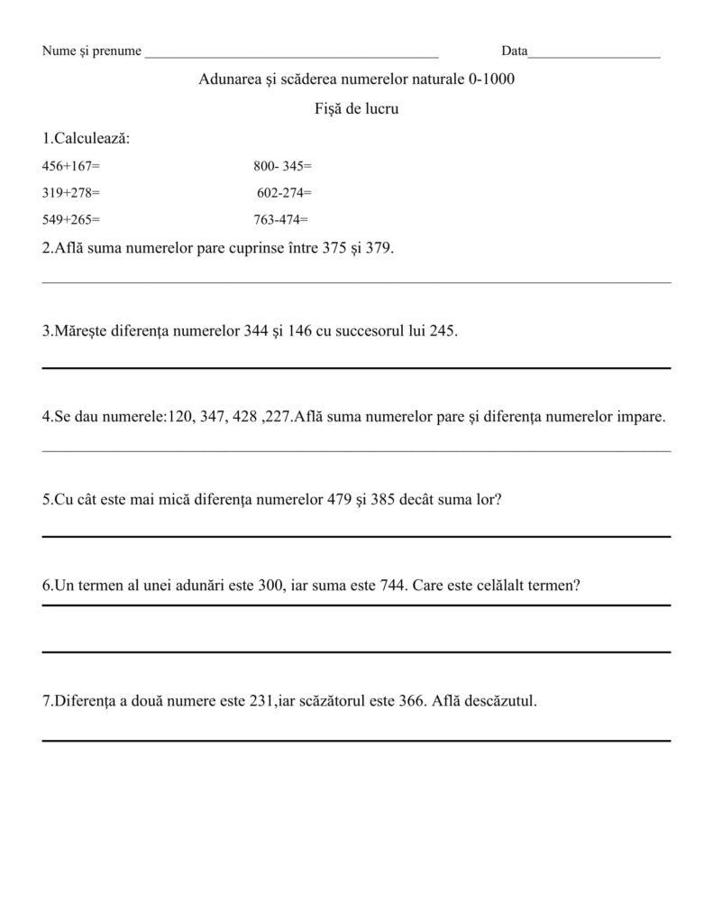 AcademiaABC Fișă de lucru Adunarea și scăderea numerelor naturale 0 1000