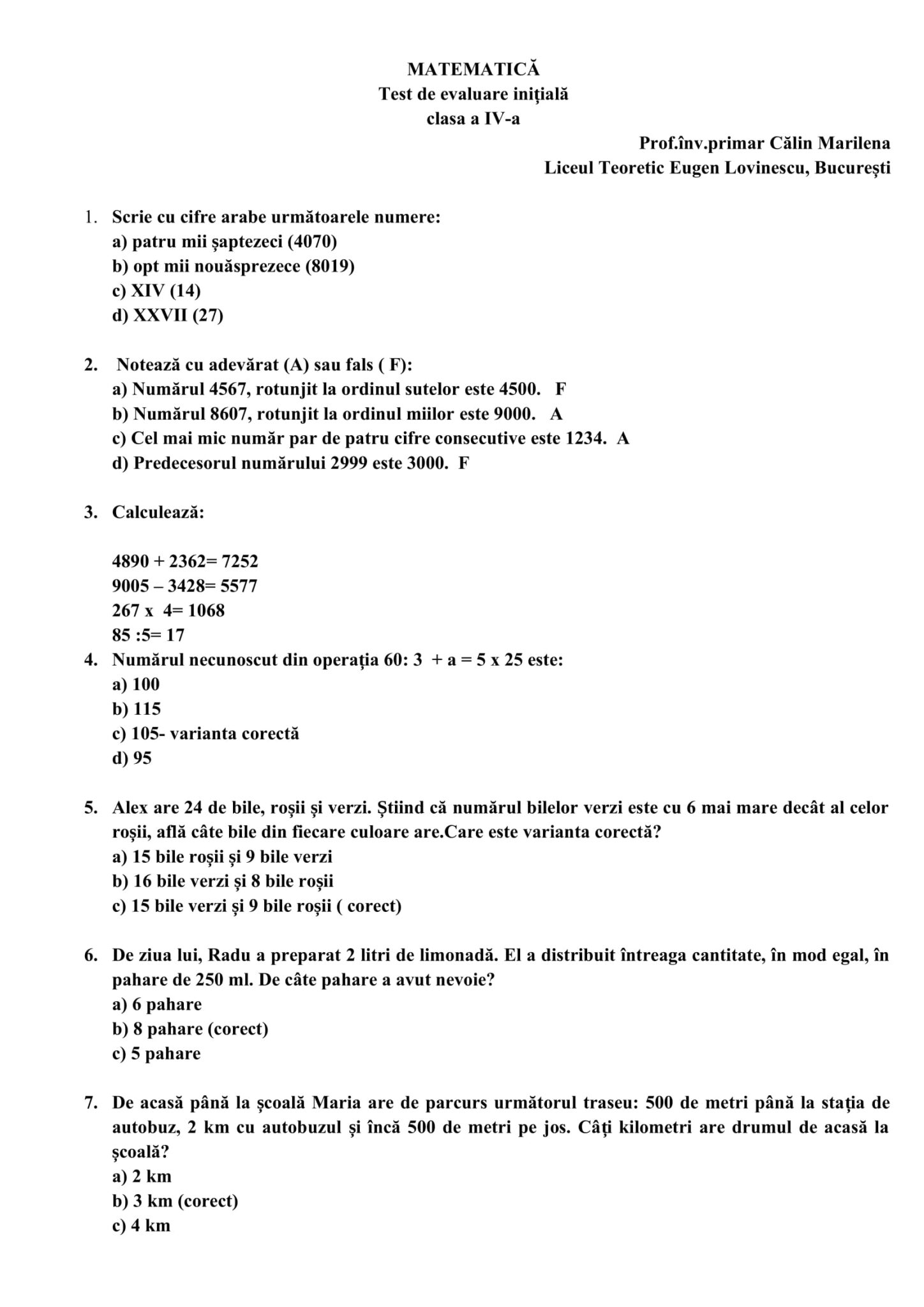 Academiaabc Test De Evaluare Ini Ial Matematic Clasa A Iv A