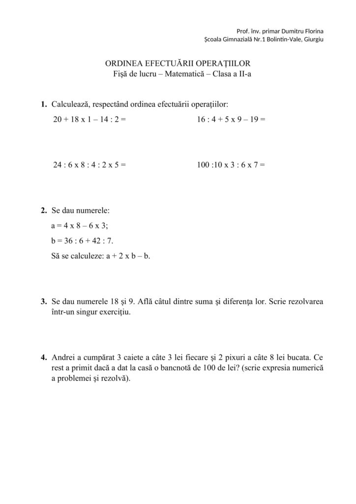 Academiaabc Fi De Lucru Ordinea Efectu Rii Opera Iilor Clasa A Iii A