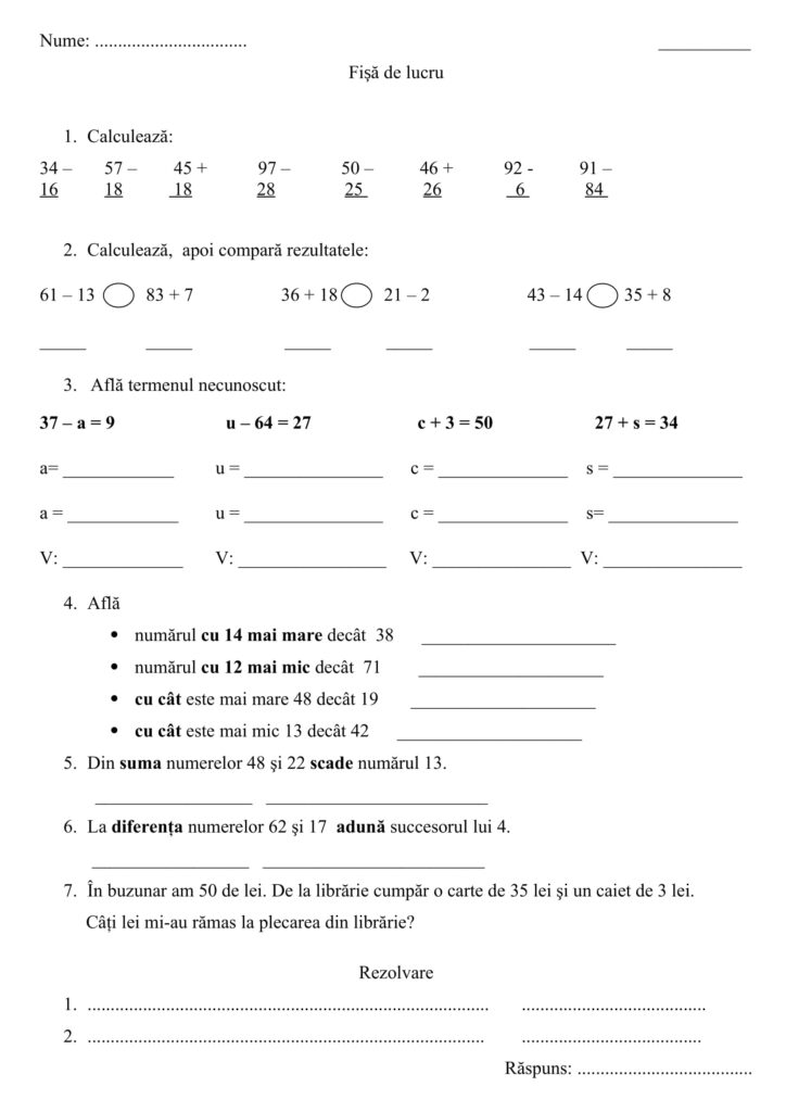 AcademiaABC Fișă de lucru Adunarea și scăderea numerelor 0 100
