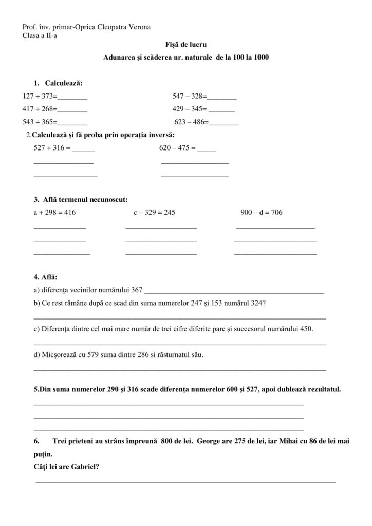 AcademiaABC Fişă de lucru Adunarea şi scăderea nr naturale de la 100