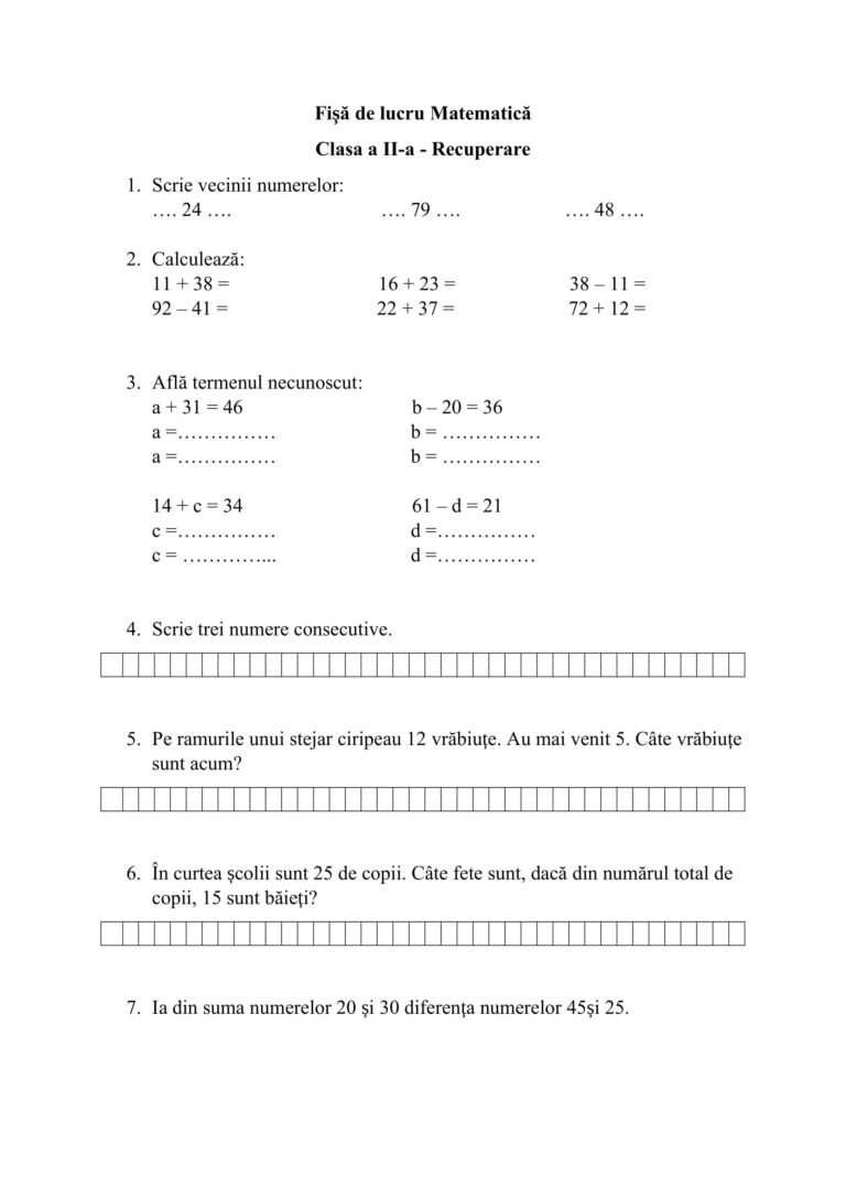 AcademiaABC Fișă de lucru Matematică Clasa a II a Recuperare