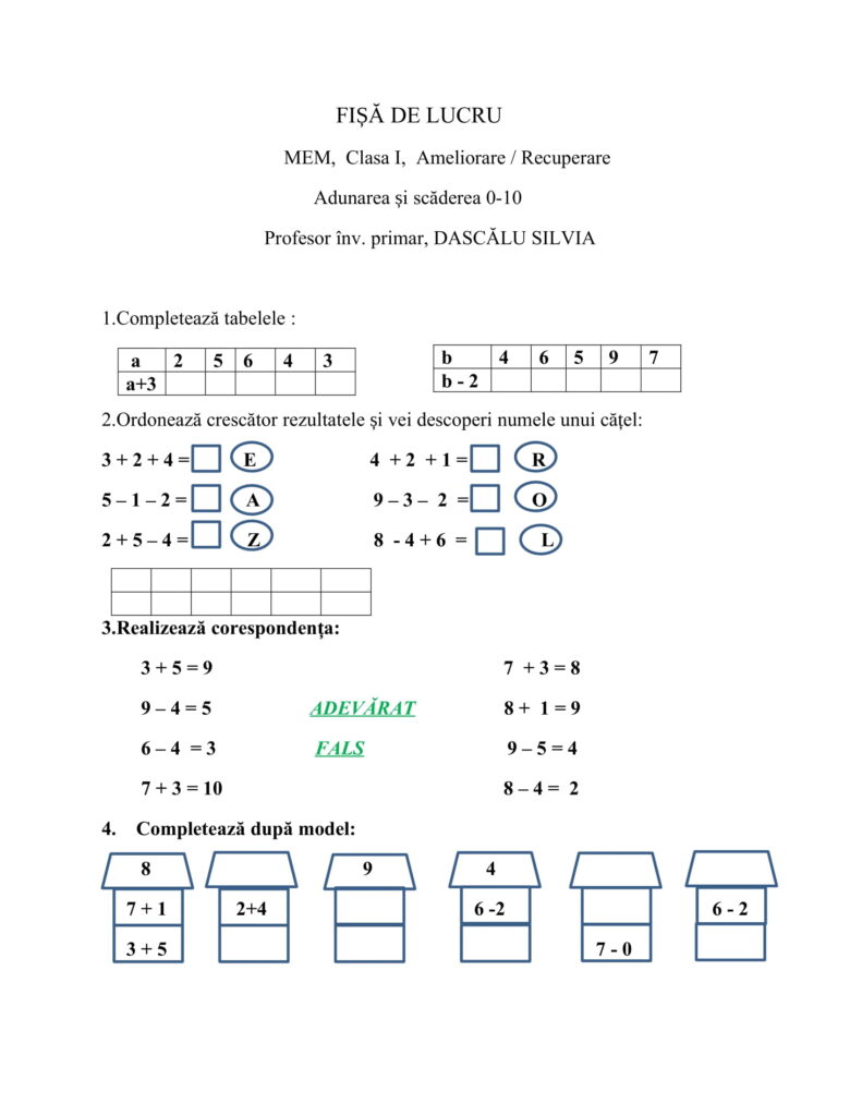 AcademiaABC Fișă de lucru Adunarea și scăderea 0 10 Ameliorare