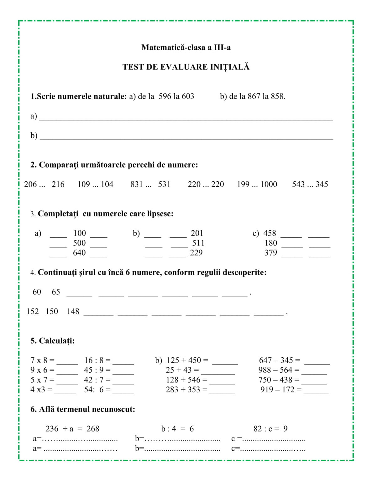 evaluare matematica clasa 3 unitatea 5