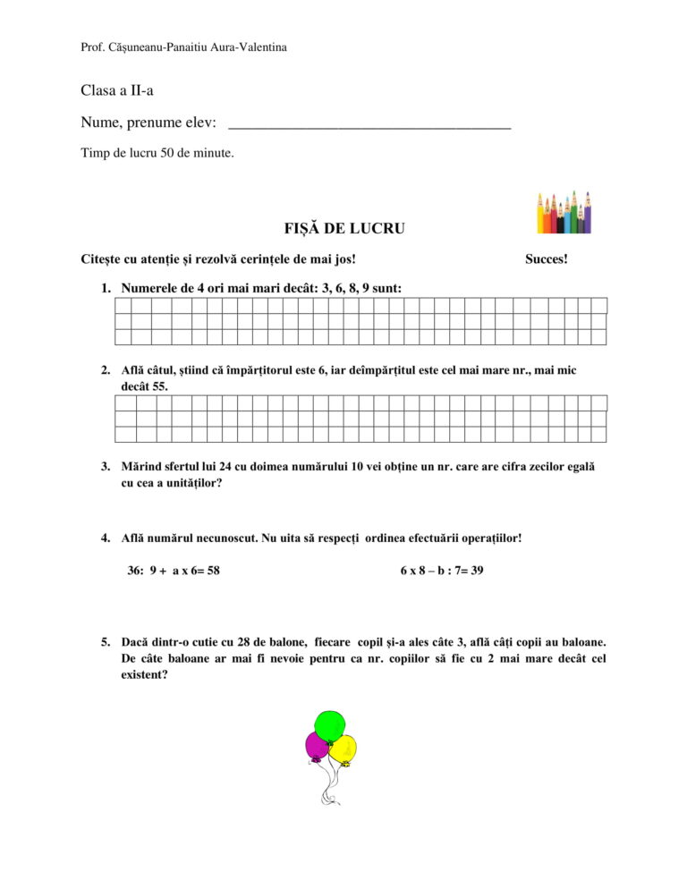 fisa evaluare matematica clasa 2