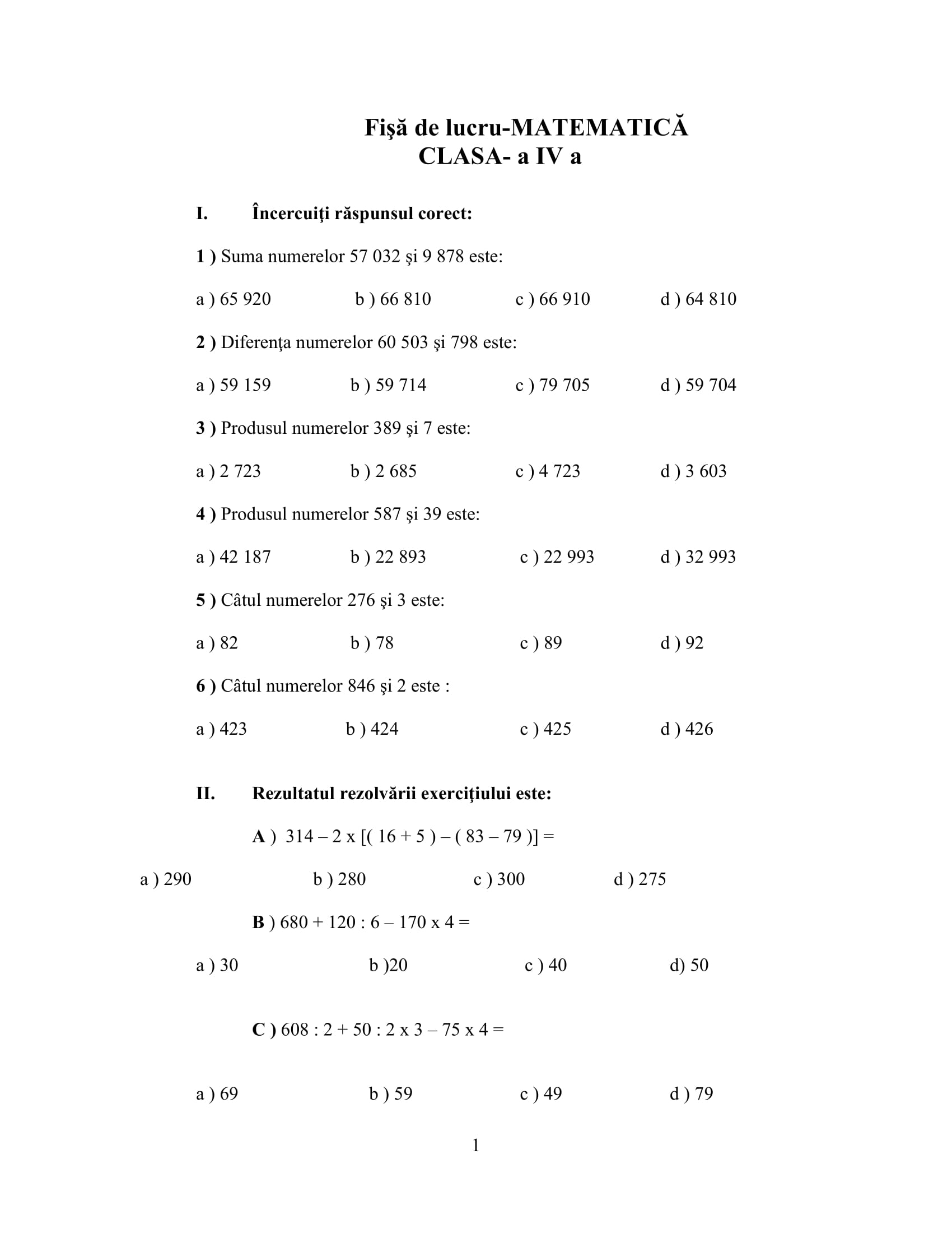 fise exercitii matematica clasa 4