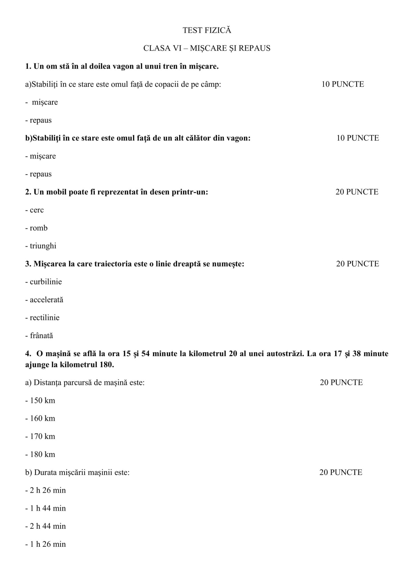 test de evaluare la fizica clasa 9