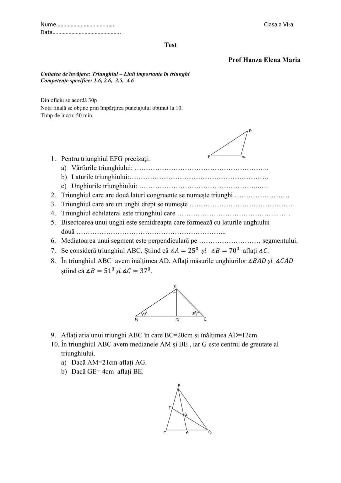 test matematica clasa 6 linii importante in triunghi