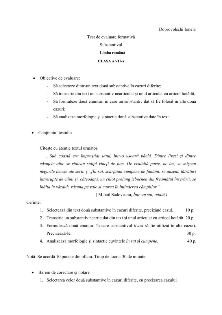 evaluare substantivul clasa 7