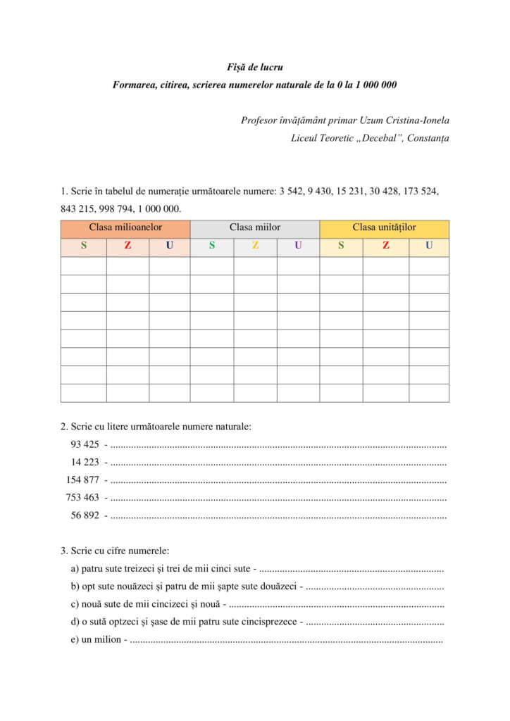 Scrierea ?i Citirea Numerelor Naturale AcademiaABC – Fi?? de lucru-Formarea, citirea, scrierea numerelor