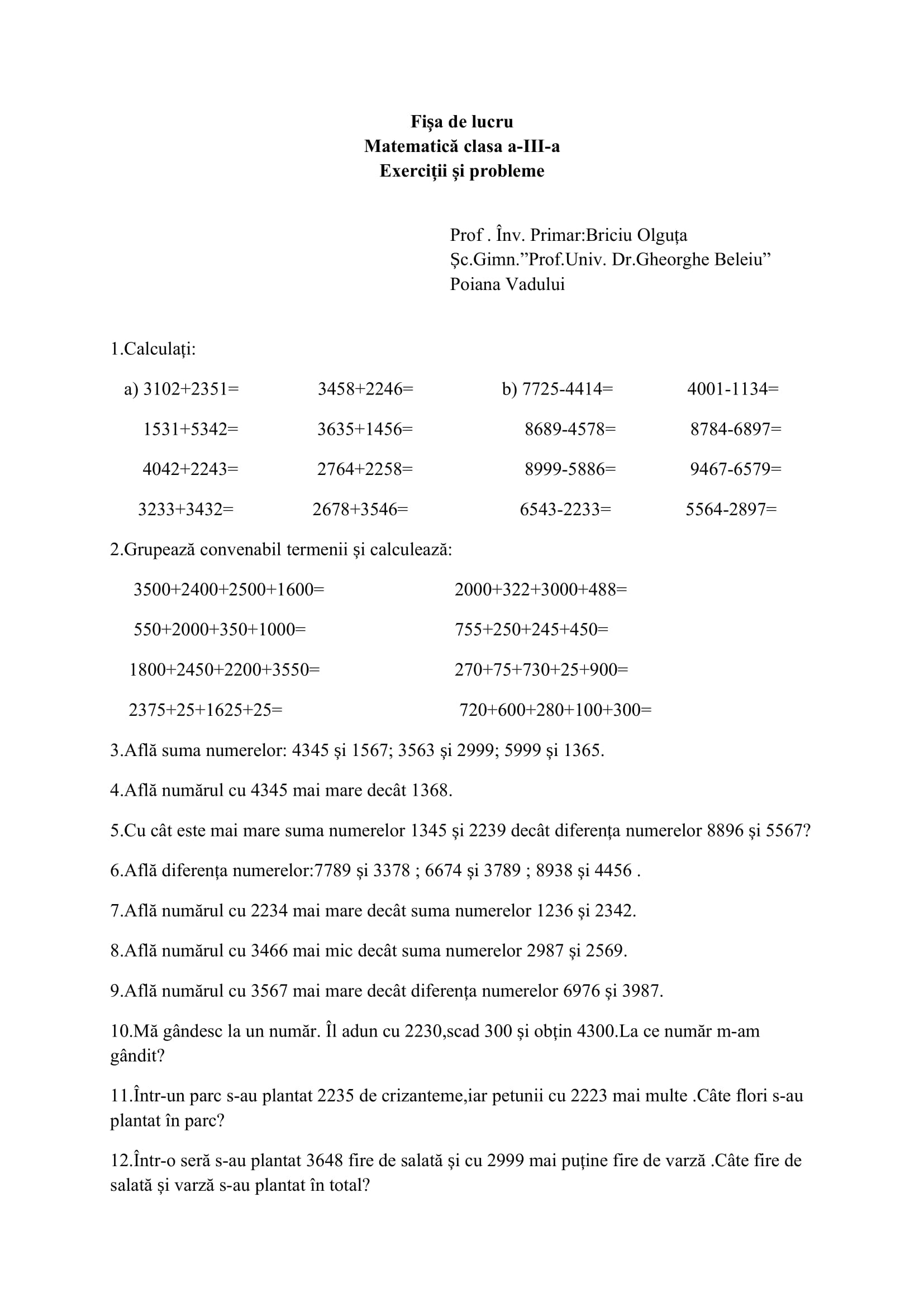 fisa clasa 3 matematica