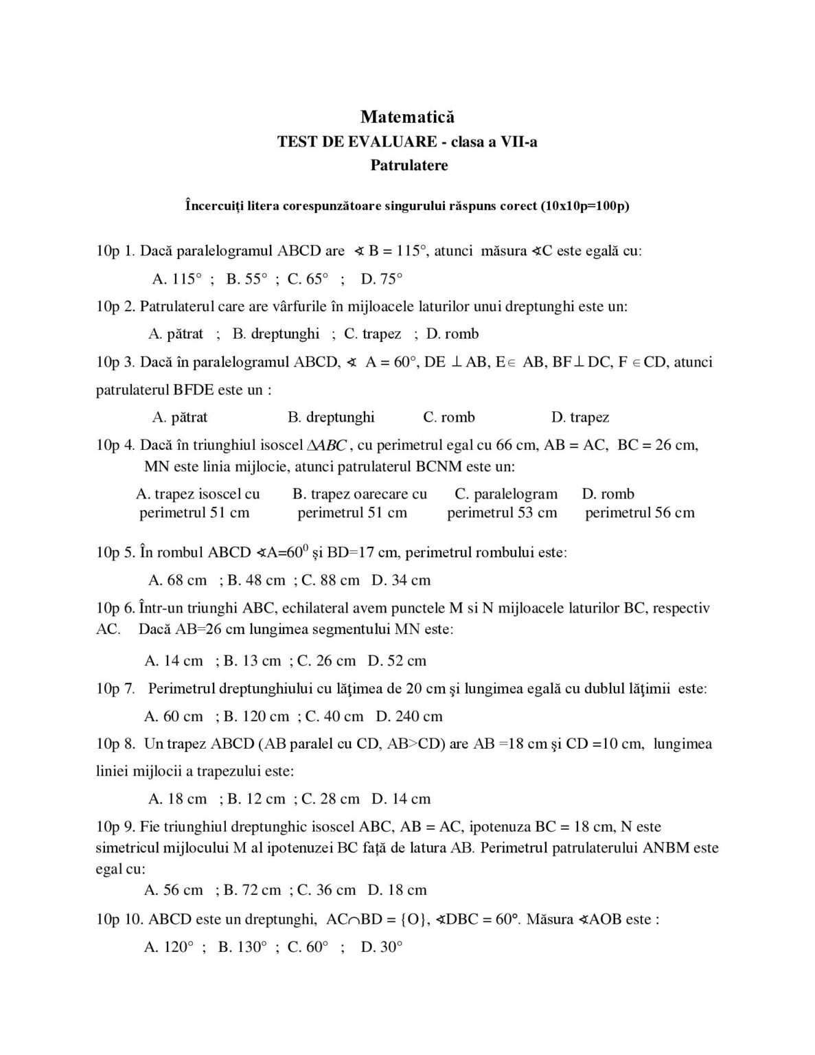 test clasa 7 matematica patrulatere