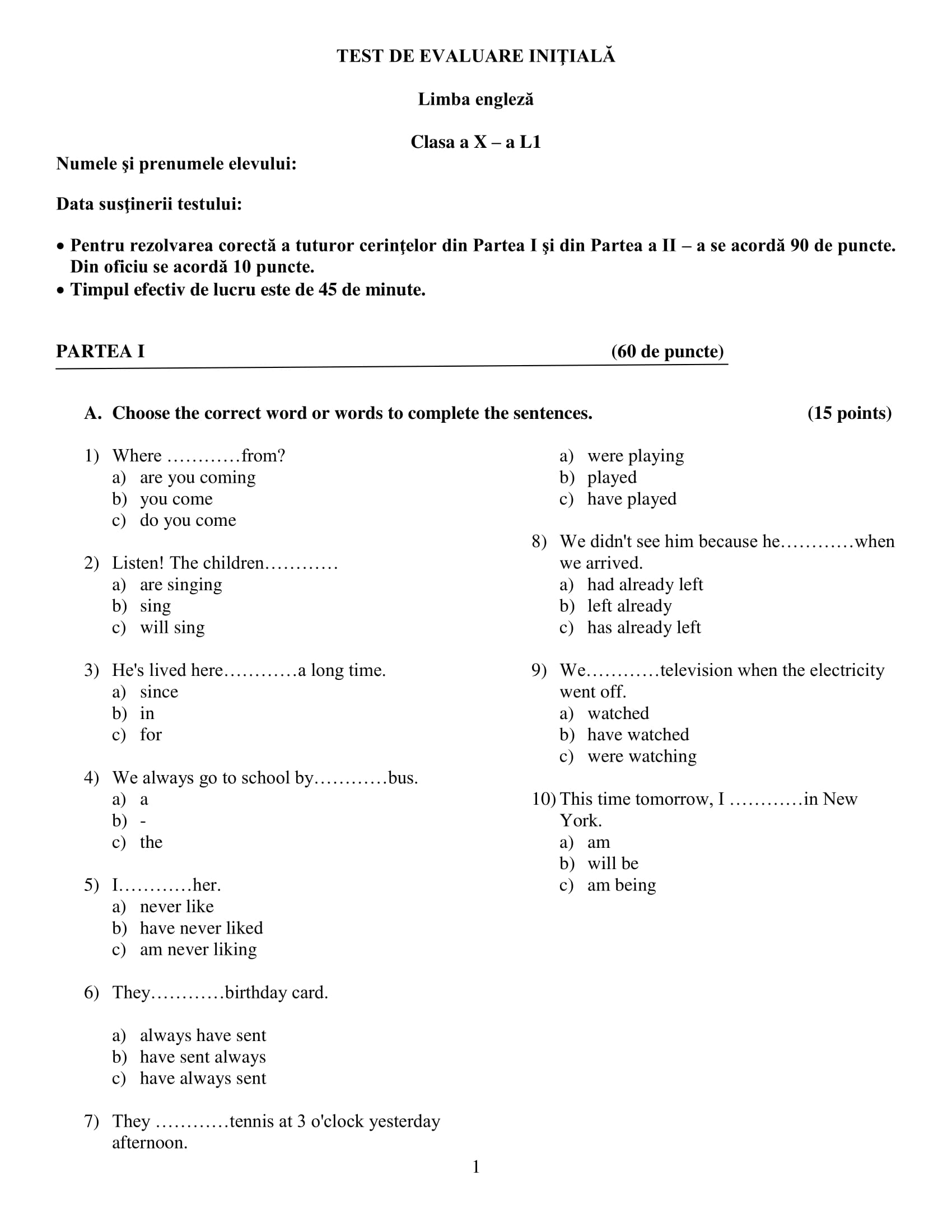 test initial clasa 10 engleza