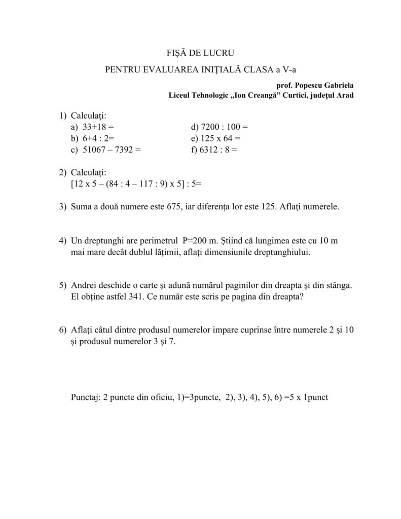 Academiaabc Evaluare Ini Ial Matematic Clasa A V A