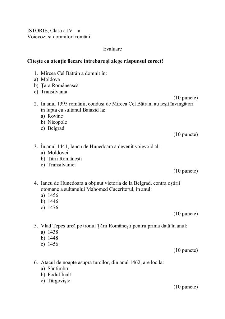 test istorie clasa 4 domnitori