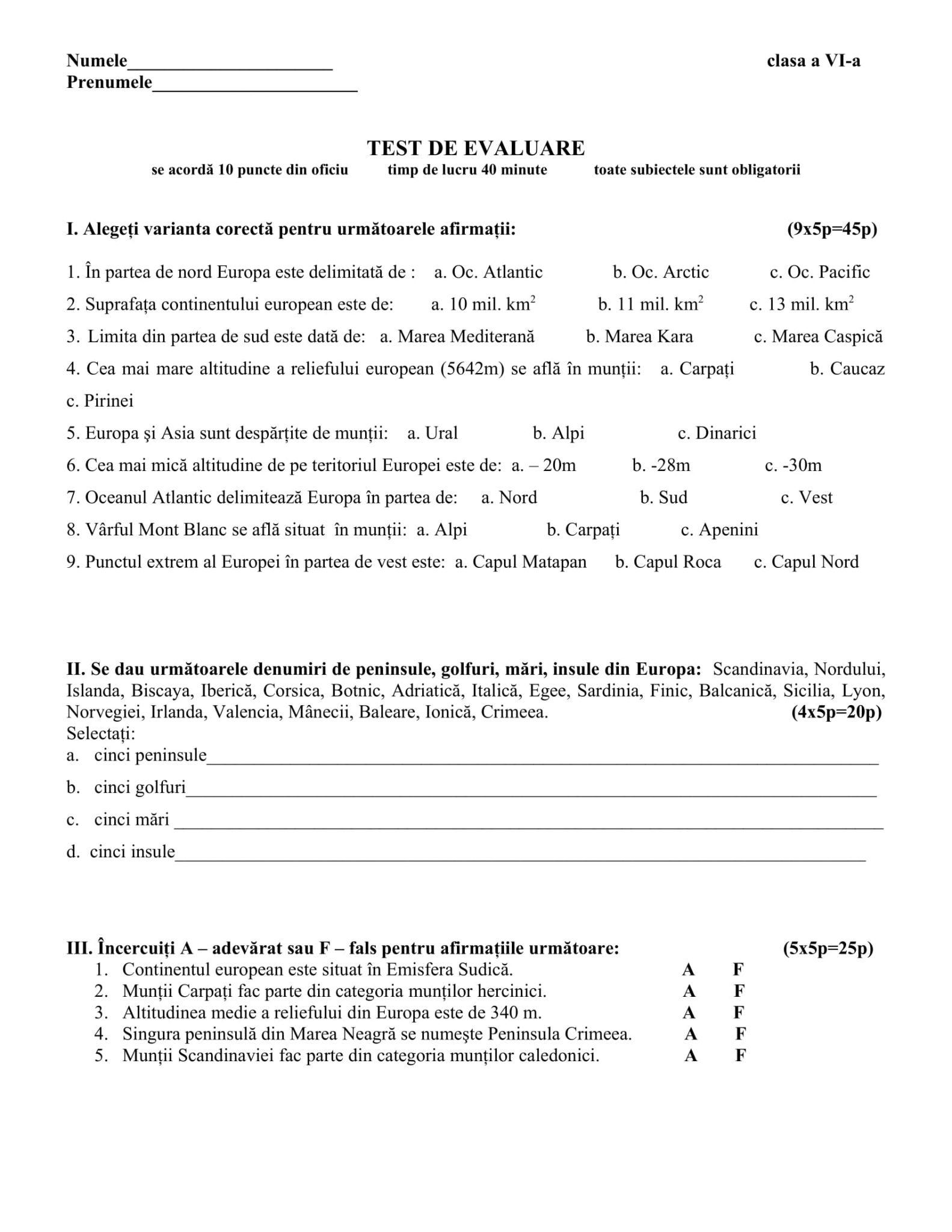 test geografie clasa 6 tari si capitale