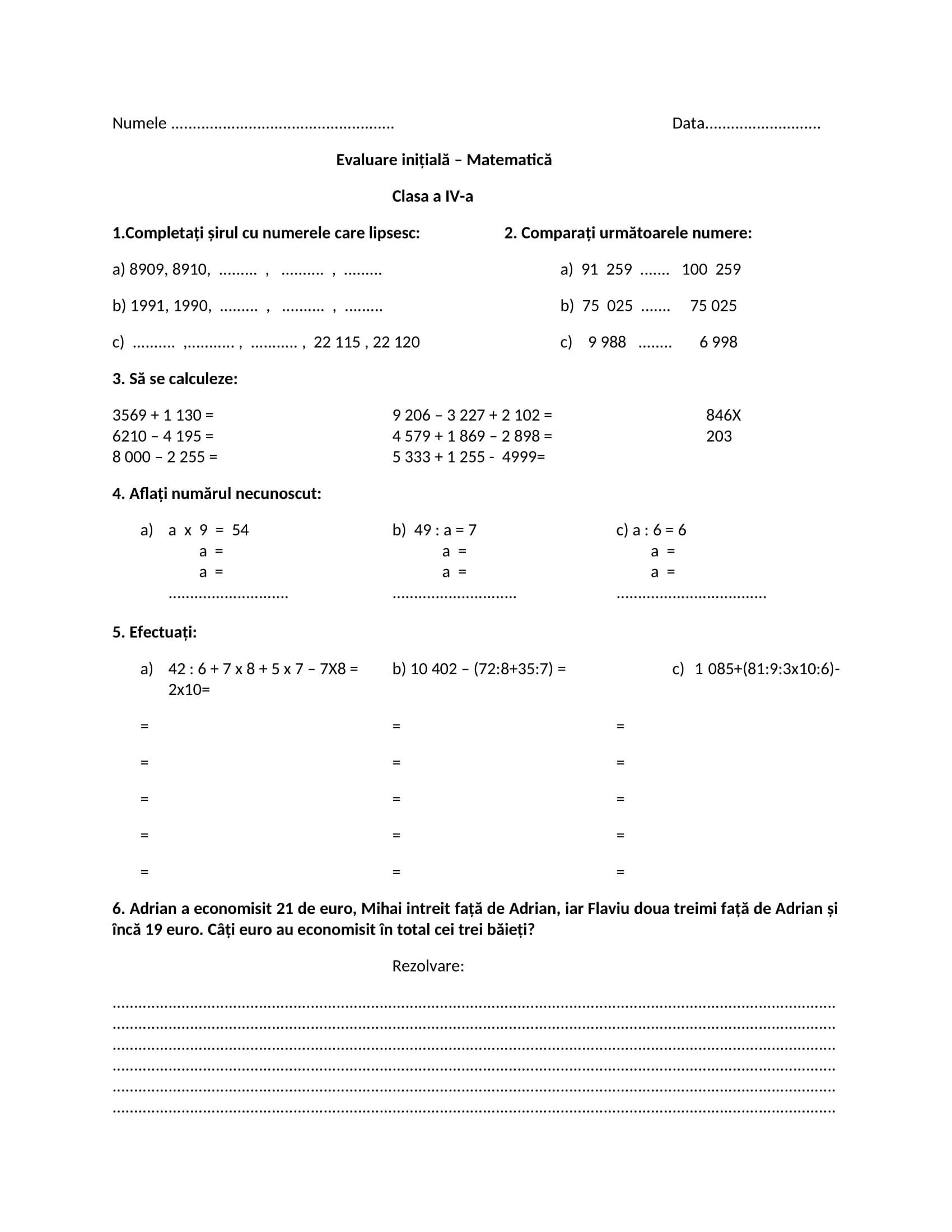 Academiaabc Evaluare Ini Ial Matematic Clasa A Iv A