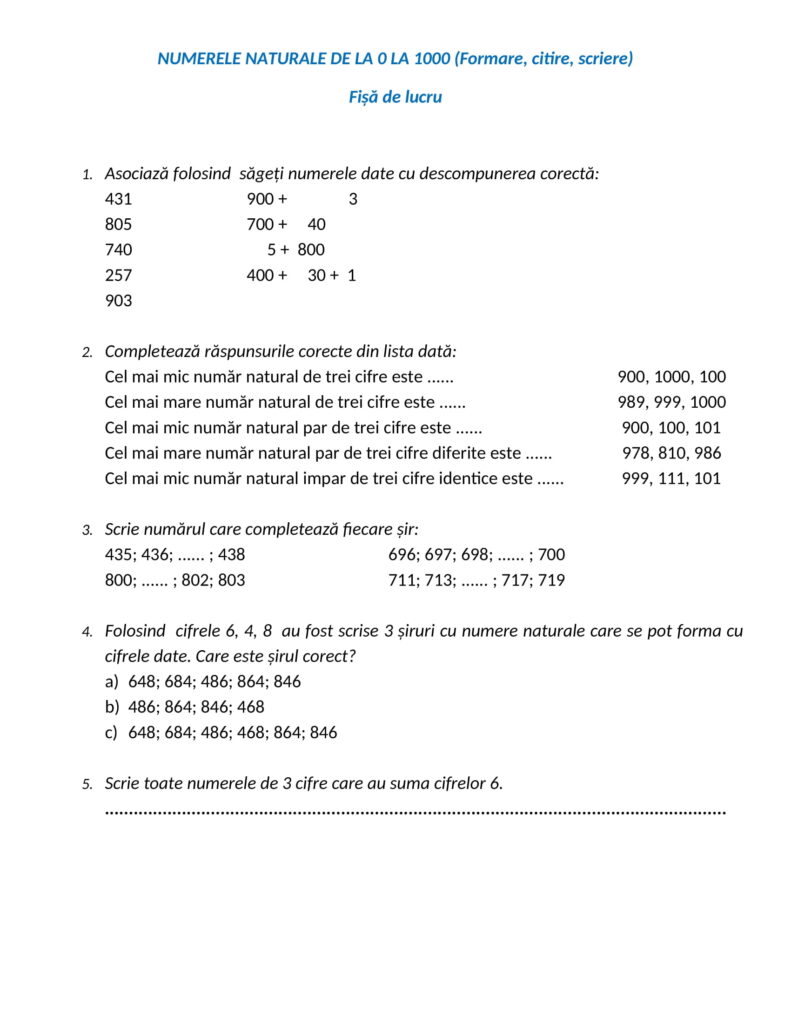 AcademiaABC – Fișă De Lucru-Numerele Naturale De La 0 La 1000 (Formare ...